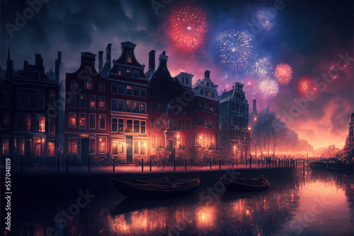 Beautiful calm night view of city on river side, reflections, water. beautiful vivid colors. Amsterdam city. Fireworks display. Celebration concept