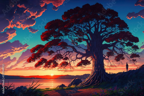 fantastic  sunset scenery, landscape, wallpaper, dreamy, fantasy, art illustration © Oleksandr