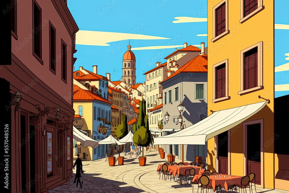 Modern boulevard in a European town with buildings housing cafes and shops, depicted in a cartoon... Generative AI