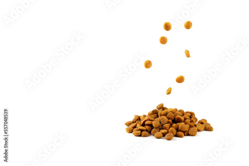 Pieces of dry food for cats and dogs fall on the table with food on a white background.