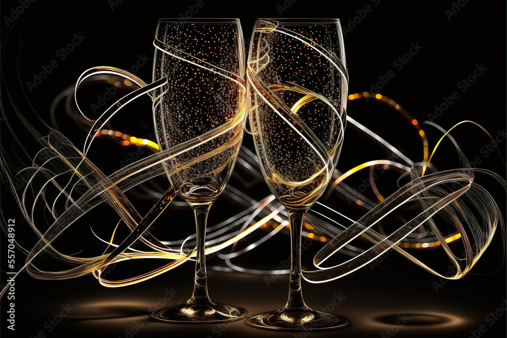 champagne with dark background with serpentine streamer. Celebration concept. Romantic. Drinks Copy space background champagne with dark background with serpentine streamer. Celebration concept. Romantic. Drinks Copy space background
