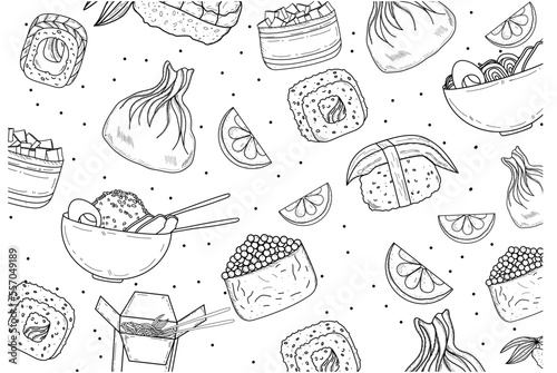 Banner with Asian cuisine food on a white background in a stroke. Vector stock illustration. Print for tablecloths and napkins. Sushi, rolls, wok noodles, buckwheat noodles, caviar, rice, lemon.