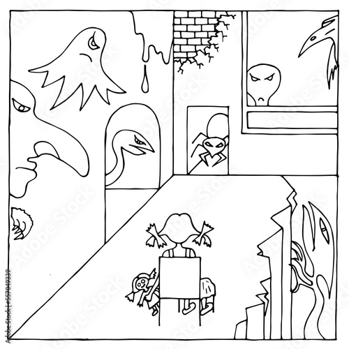 A little girl with her favorite doll is sitting on a chair in the middle of the room, around the girl are many different ugly monsters. The concept of children's fears, nightmares. Freehand drawing.