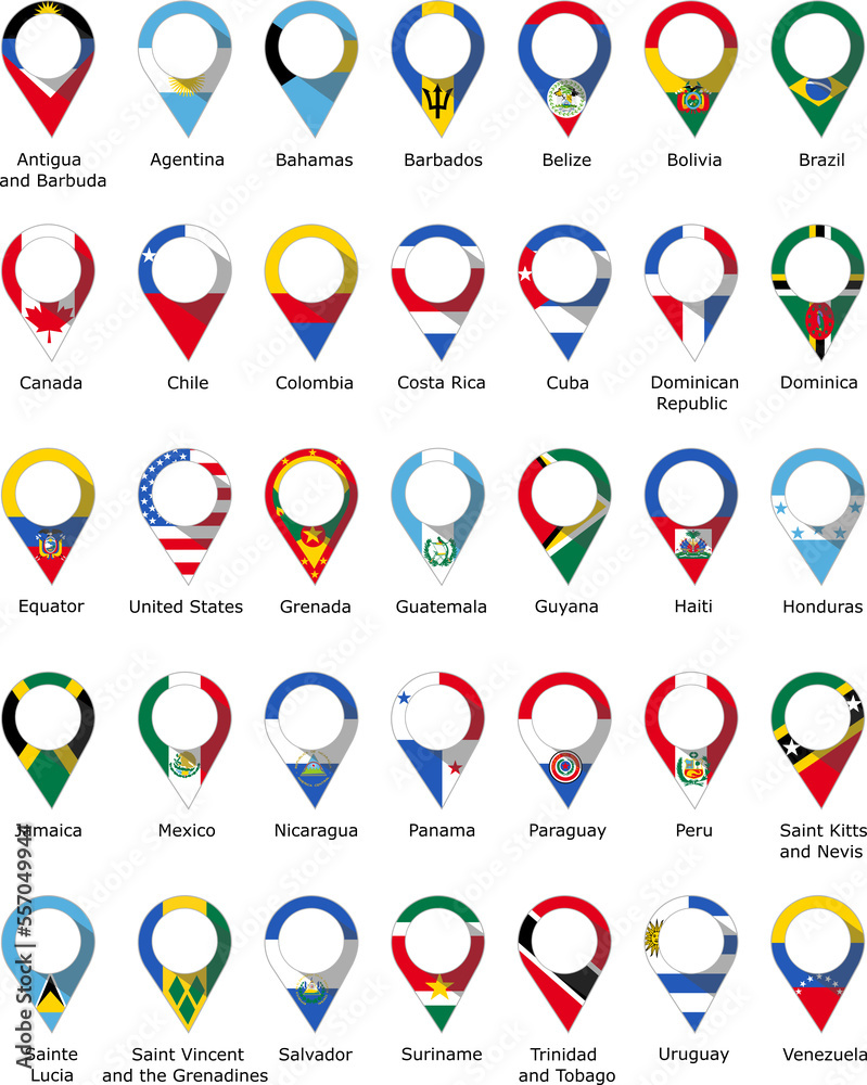pin with the flag of each country on the American continent and a blank space for text in PNG format