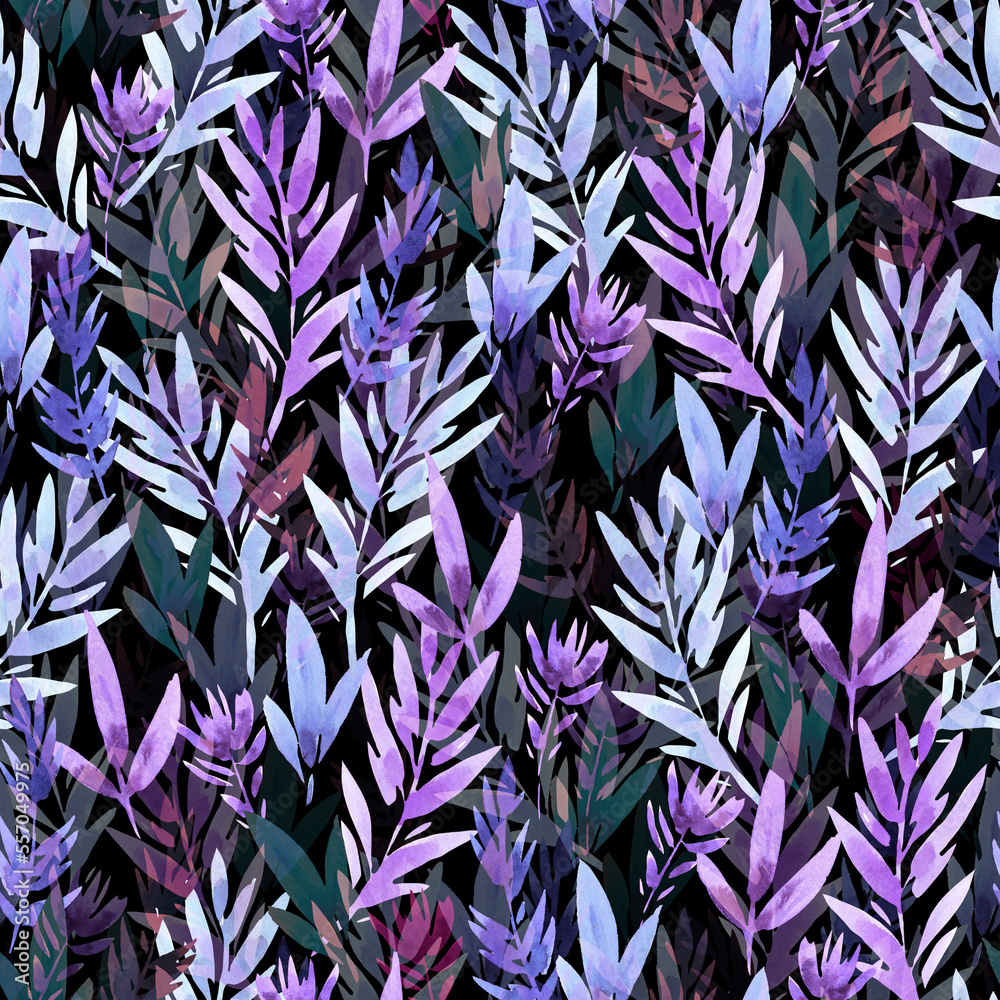 Abstract drawn watercolor seamless pattern of leaves. Hand drawing ...