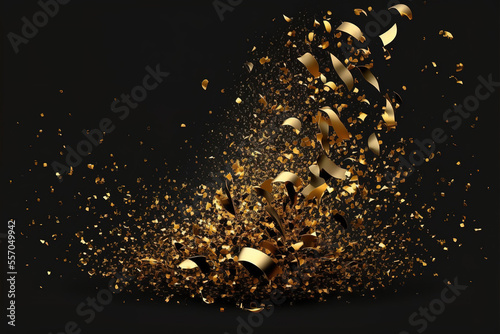 shiny gold glitter confetti golden on black background, 3d rendering. Celebration or holiday concept. Banner. Copy space background.
