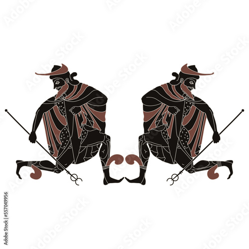 Symmetrical design with ancient Greek god Hermes or Mercury. Vase painting style. Isolated vector illustration.