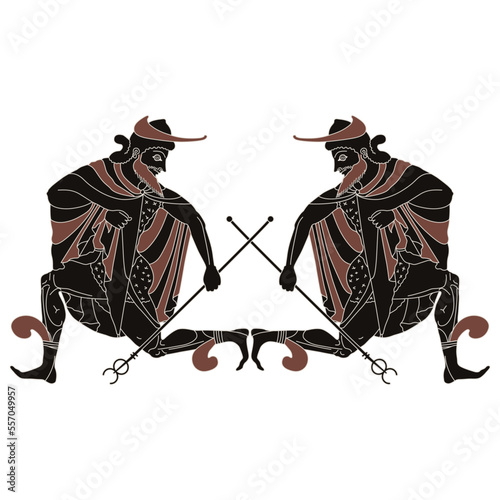 Symmetrical design with ancient Greek god Hermes or Mercury. Vase painting style. Isolated vector illustration.