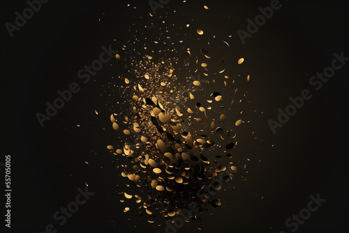 golden confetti black background. Flat lay copy space background
