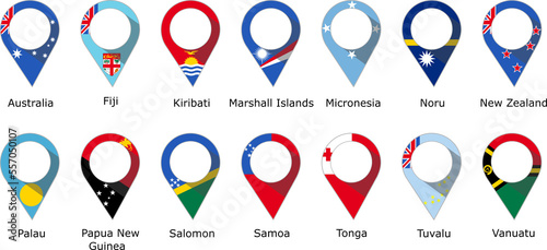  Pins with the flags of each Oceania country, with a white circle to write a text, and their name written underneath, in PNG format