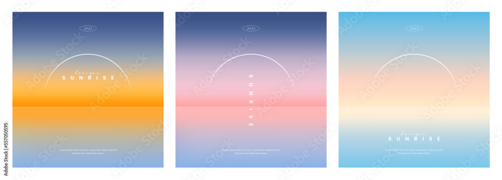 Beautiful sunrise or sunset in ocean. Gradient summer sea background set. color abstract background for app, web design, webpage, banner, greeting card. Modern style, Trendy vector illustration. - obrazy, fototapety, plakaty 