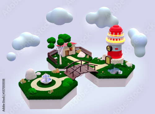 3D Conceptual illustration. Islands with a lighthouse and a park.