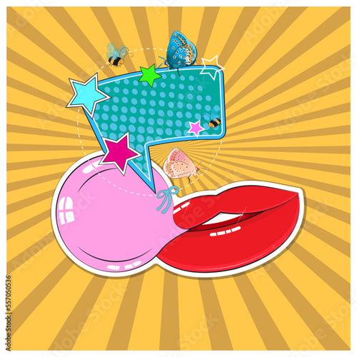 Sticker in the form of red female lips with a pink bubble gum and a plate for your text. Comic style. Background - divergent yellow rays. Vector illustration