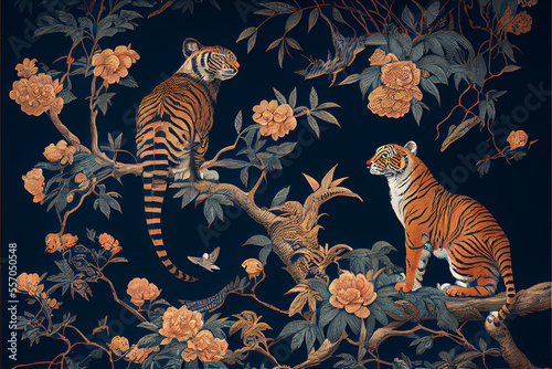 Chinoiserie pattern with tigers generative art