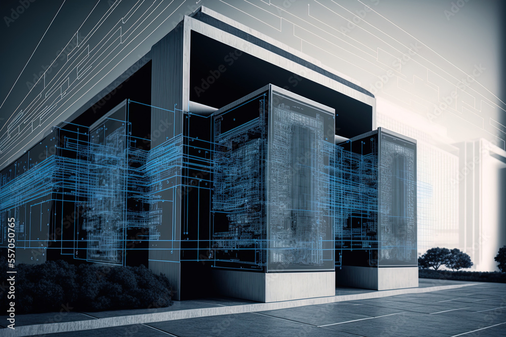 On a virtual computer screen with a server data center backdrop, building information modeling bim. Generative AI On a virtual computer screen with a server data center backdrop, building information modeling bim. Generative AI