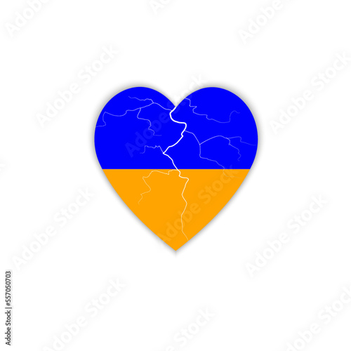 Ukrainian flag in the shape of a broken heart isolated on white background. Conceptual vector illustration. Dissolution, division, disintegration of country