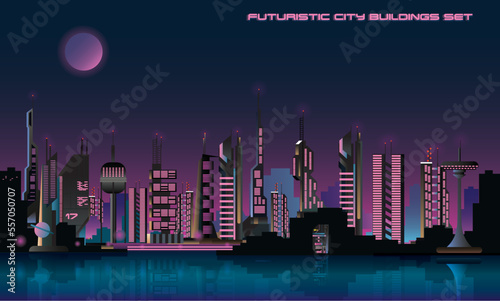 futuristic sci fi night city skyline at night with moon, retrowave landscape. Vector illustration