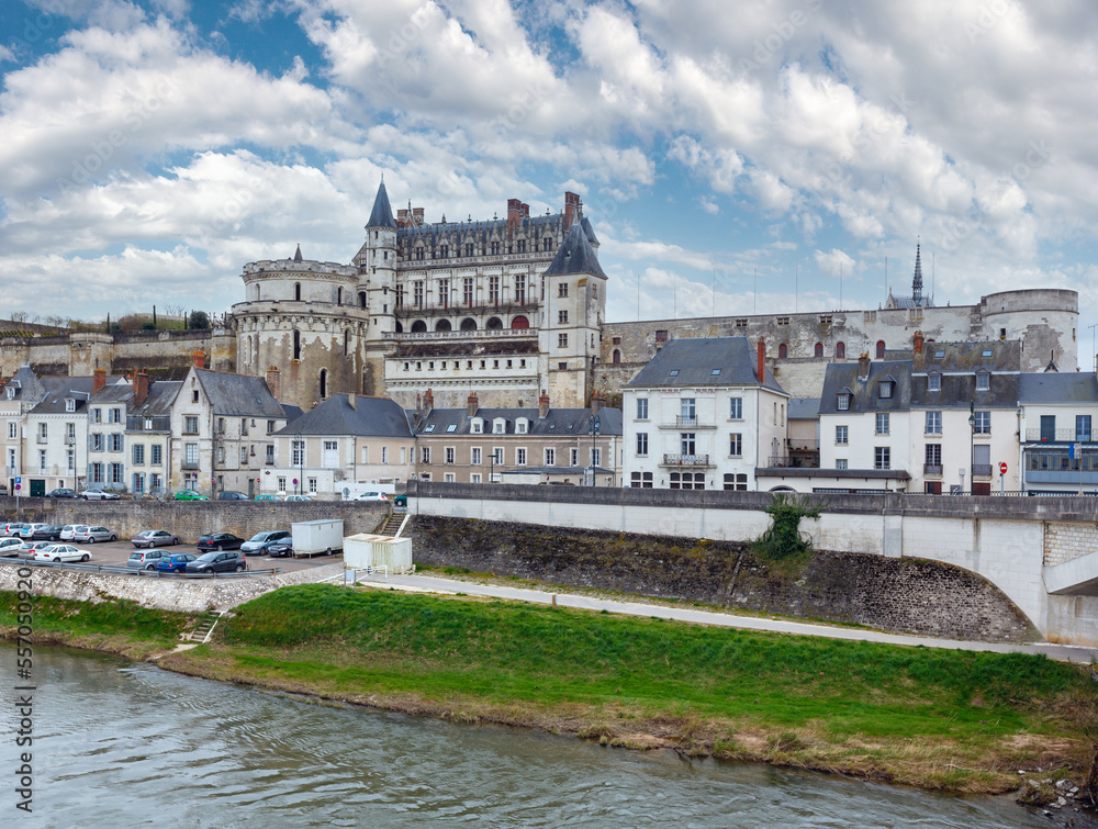 Royal Chateau at Amboise on the banks of Loire River (France). Spring urban view.
