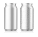 Tin beer can mockup with water drops condensation on the surface. Blank empty label. Isolated white background. Vector illustration