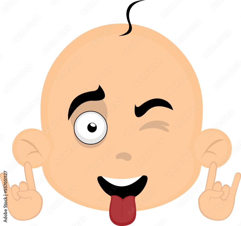 Obraz premium vector illustration of the face of a baby cartoon with his tongue out and with his hands with his gesture of heavy metal