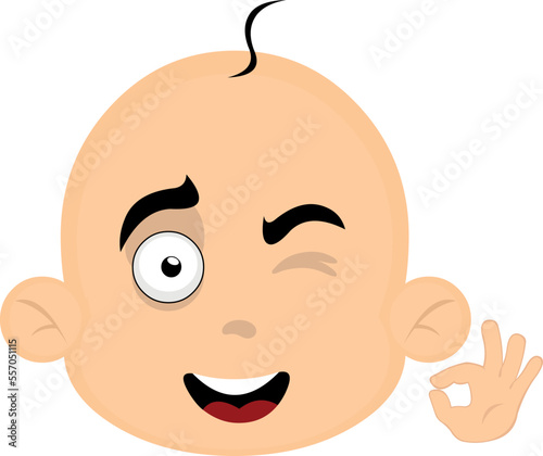 vector illustration of the face of a baby cartoon winking and with the hand making a gesture of ok or perfect