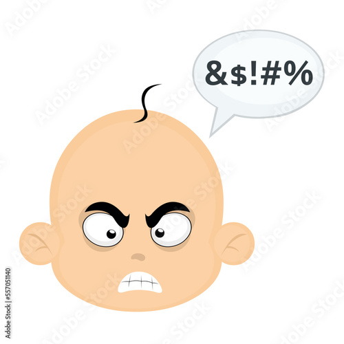 vector illustration of the face of a baby cartoon with an expression of angry and a bubble of dialogue with an insult text