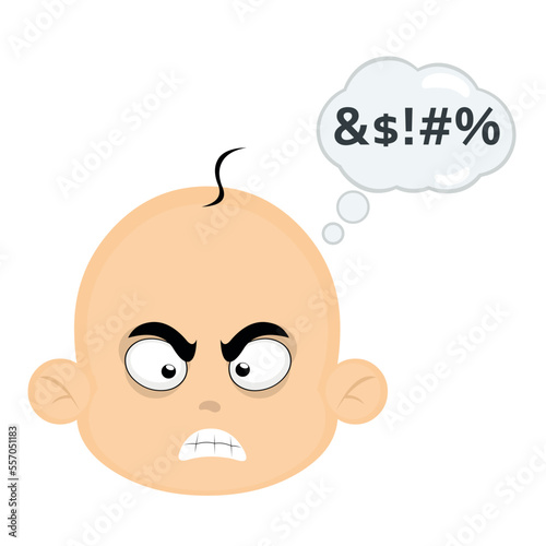 vector illustration of the face of a baby cartoon with an angry expression and a cloud of thought with an insult text