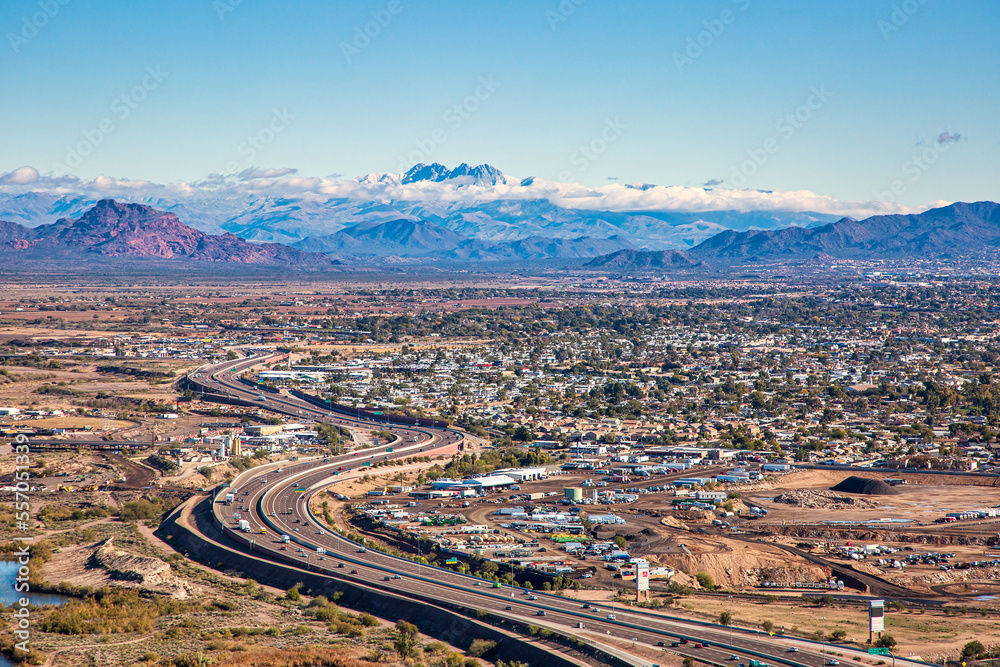 Αυτοκόλλητο East Valley Mesa, Arizona Aerial with Four Peaks and clouds