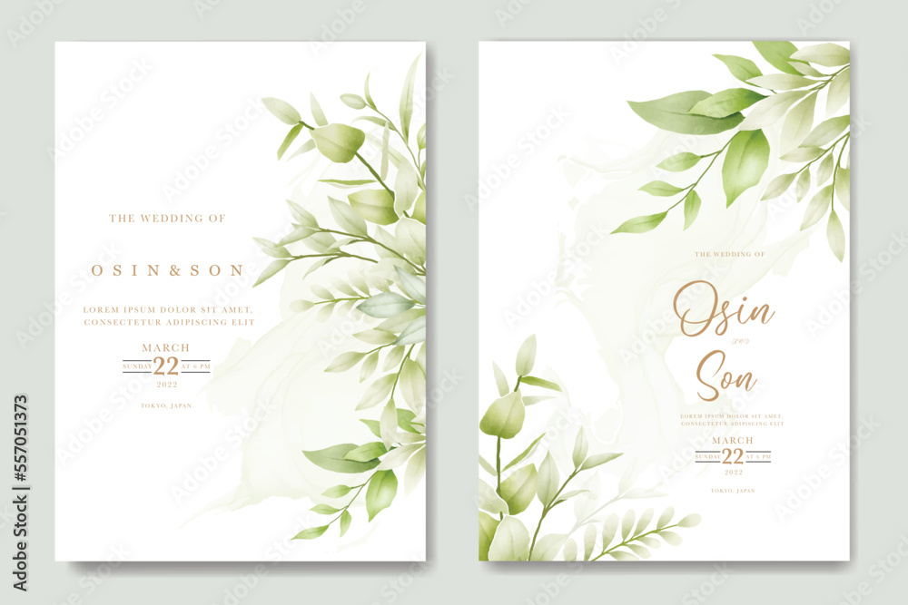 Green Leaf Wedding Invitation Card Watercolor