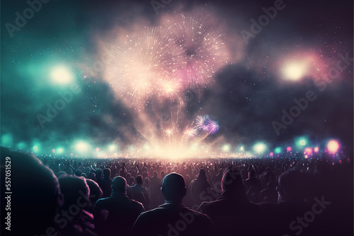 crowd of people at concert, watching fireworks - new year concept