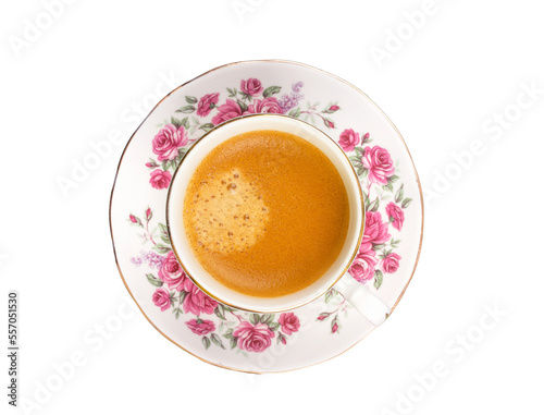 espresso coffee cup with saucer, top view, isolated on a transparent background