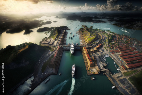 Stunning aerial image of the Miraflores Locks and the Panama Canal. Generative AI photo
