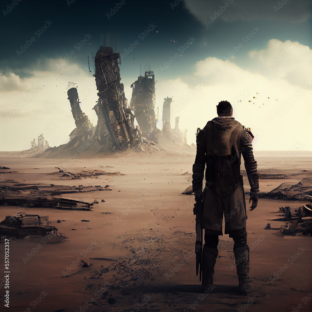 A man wandering through a post apocalyptic wasteland generative art Stock  Illustration | Adobe Stock