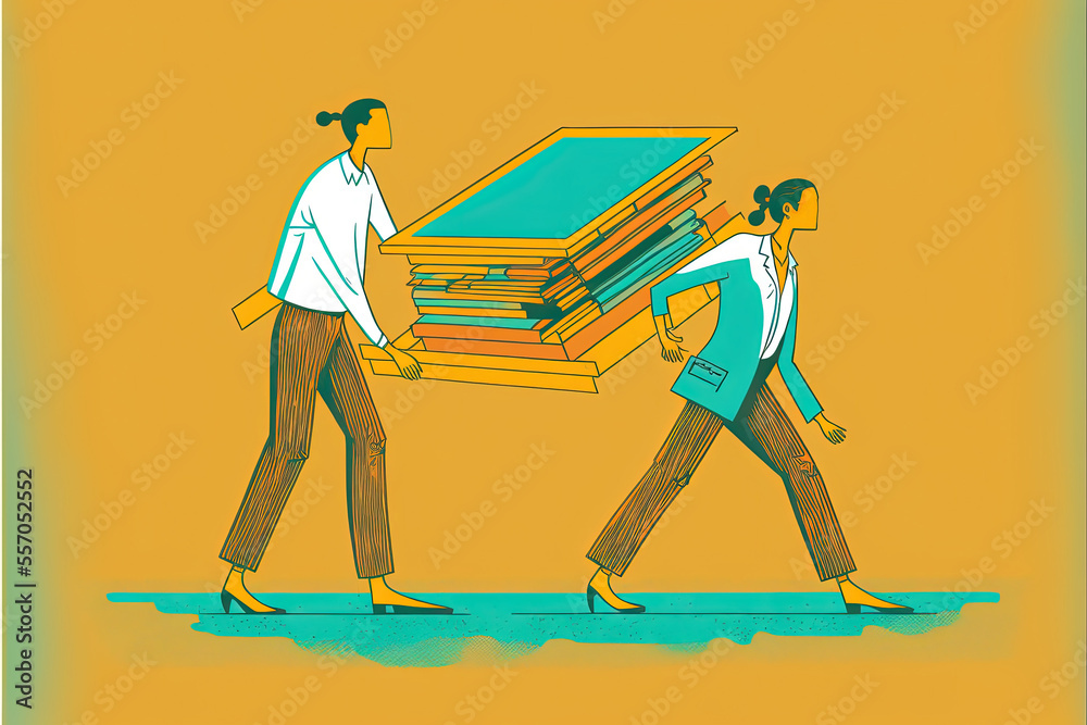 Obraz premium Two people moving house items, cmyk pastel colors, flat vector style illustration made with Generative AI