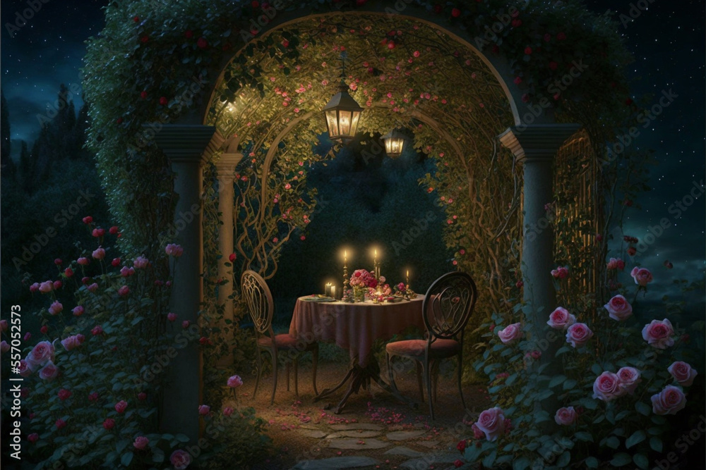 Romantic Candlelit  romantic dining table (Generative AI)