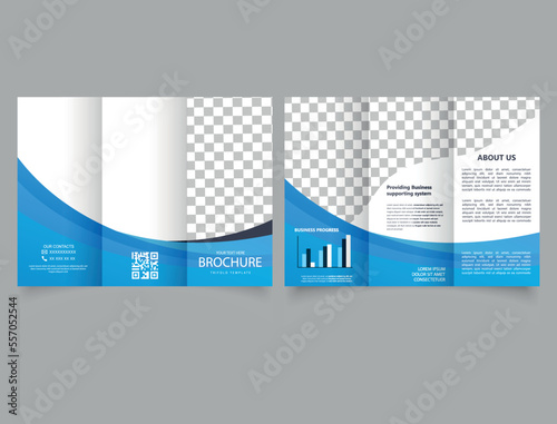 Trifold brochure with blue waves. Flyer design for advertising.