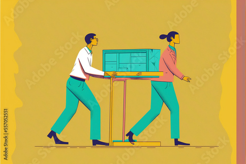 Two people moving house items, cmyk pastel colors, flat vector style illustration made with Generative AI 