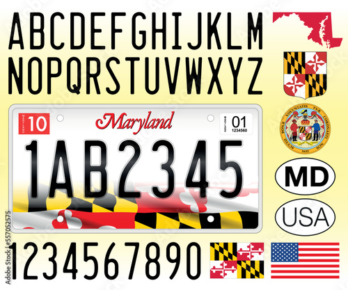 Maryland car license plate, USA, letters, numbers and symbols, vector illustration