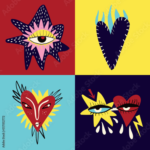 Valentines Day cards with Freaky Magical hearts and bizarre characters with magical eyes