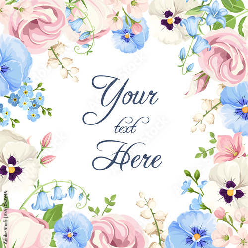 Greeting or invitation card design with pink, blue, and white pansy flowers, lisianthus flowers, and forget-me-not flowers. Vector floral background