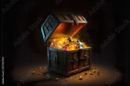 An open medieval fantasy treasure chest with bursting light, Generative AI