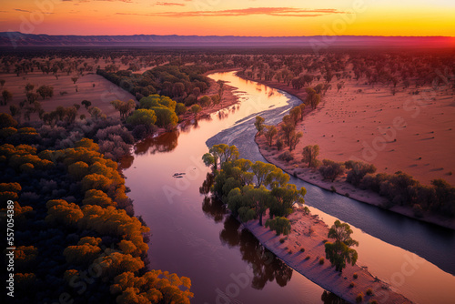 overhead drone shot of the Murrumbidgee River at sunset near Wagga Wagga. Generative AI photo