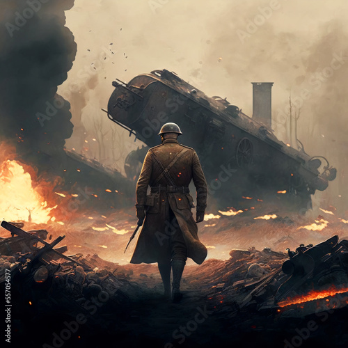 Canvas Print Soldier in  apocalyptic war scene AI Generative