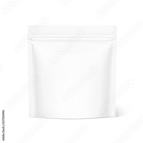 Blank stand up pouch bag with zipper mockup. Vector illustration isolated on white background. Front view. Realistic mockup will perfectly convey the benefits of your product. EPS10.	