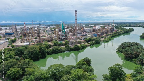 View from a drone of an oil refinery on the banks of the Magdalena river in the city of Barrancabermeja. Colombia.
