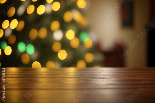 wooden table to[p with christmas tree lights in the background. Bokeh background. copy space