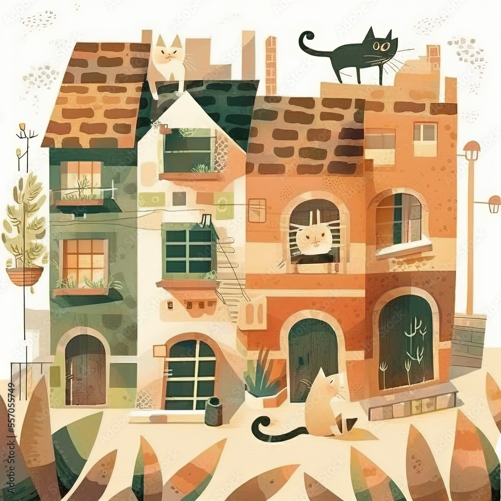 Obraz premium The life of an urban cat, grunge illustration made with Generative AI