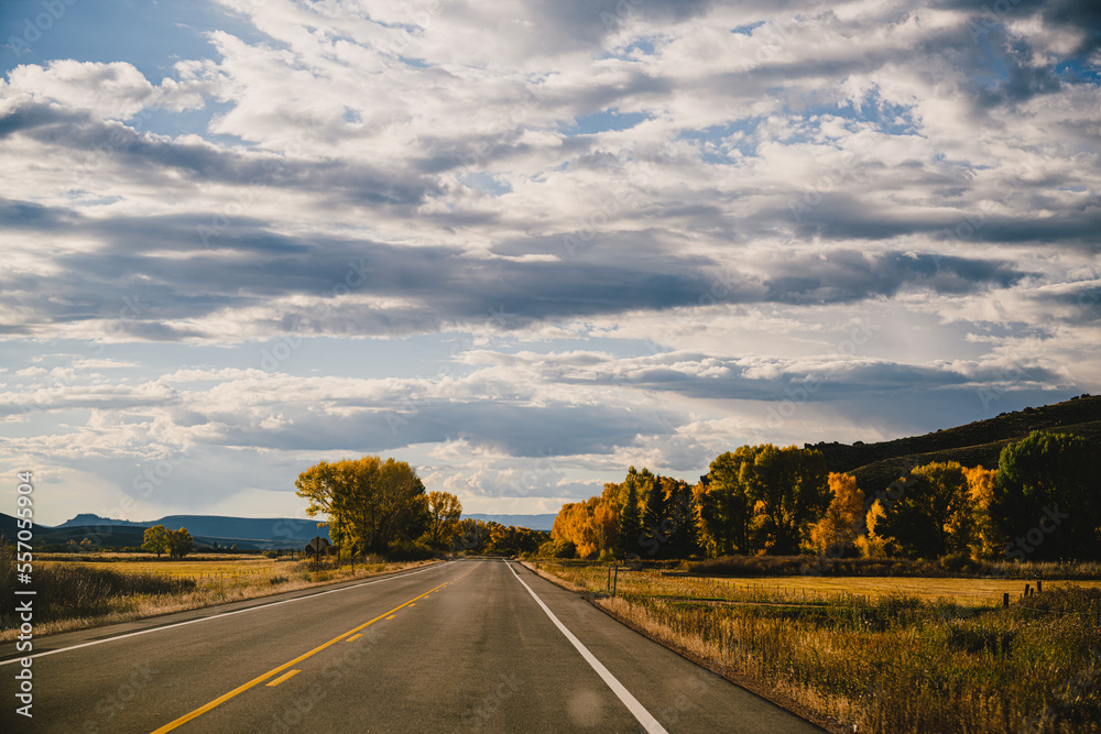 Open road with rolling hills and bright yellow fall foliage