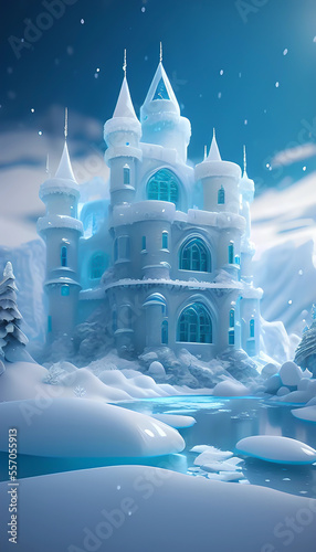 A fantasy castle made of ice. Generative ai. © Amimy