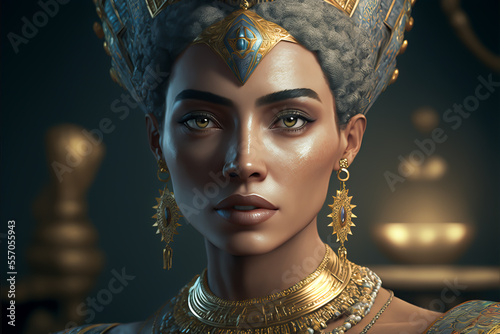 Imaginary portrait of Nefertiti, standing in a temple at night. Egyptian queen Nefertiti, Generative AI illustration, non-existent person.